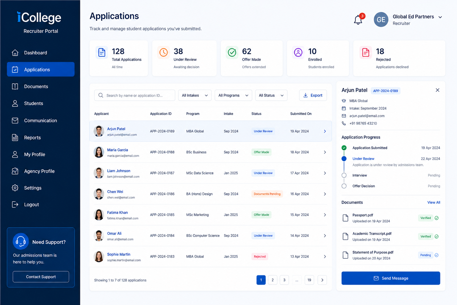 Recruiter portal application tracking