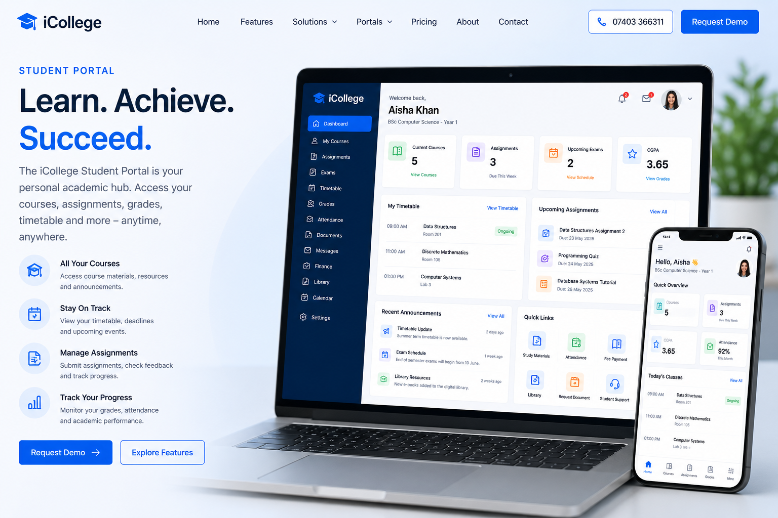 Student portal dashboard connected to student management software