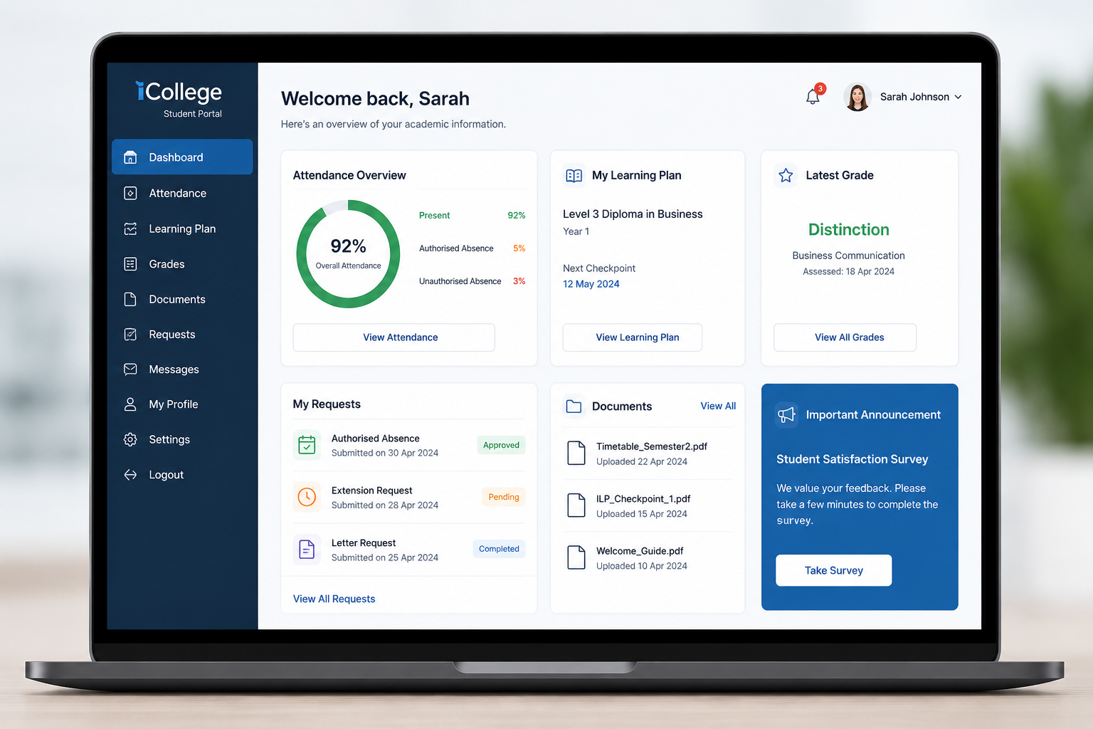 iCollege student portal for attendance and learning plans